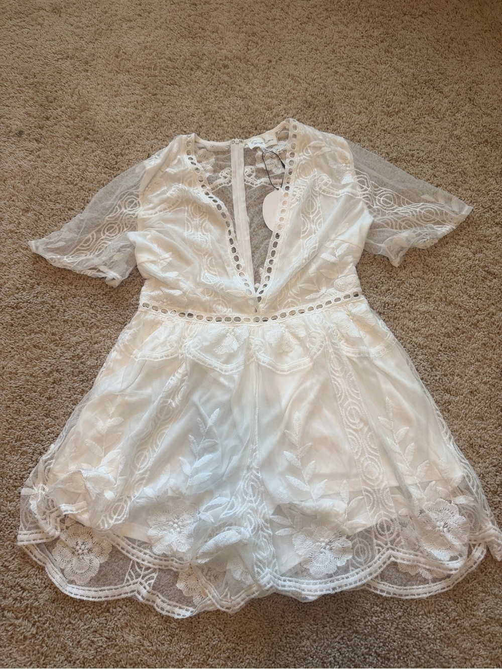 Lace V-Neck White Romper with Embroidered Details